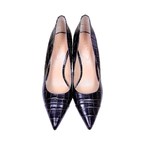 Lauren Ralph Lauren Lindella Reptile Embossed Print Leather Pointed Toe Pumps - Picture 2 of 11